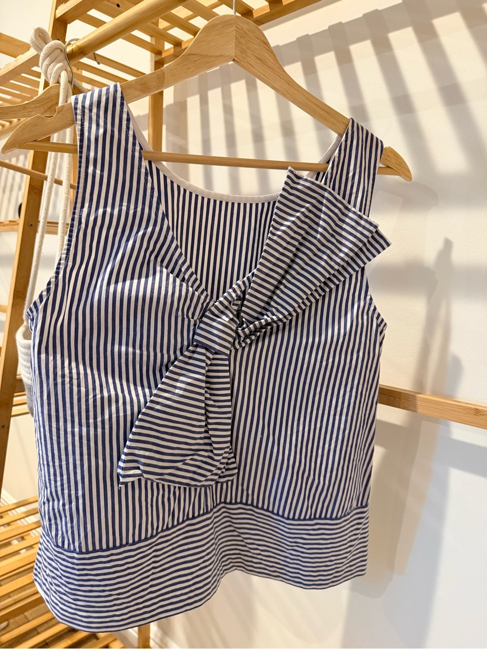Women’s Blue and White Striped Bow-Accent Top; large BACK bow